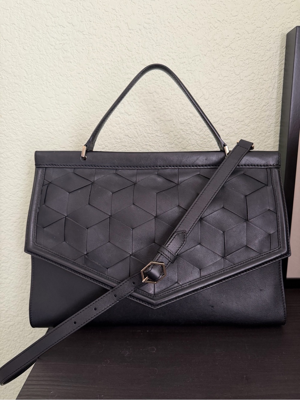 Welden Black Geometric Leather Satchel Crossbody Strap- Women Bags